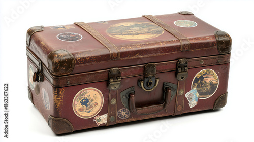 Vintage suitcase with travel stickers isolated on white background for wanderlust themes photo