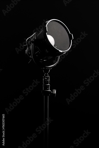  Studio spotlight: professional lighting equipment with fresnel lens on black background