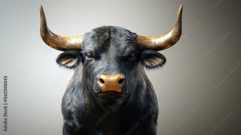Powerful Black Bull with Golden Horns Close up Portrait Powerful Black Bull with Golden Horns Close up Portrait