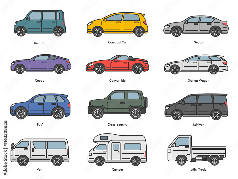 ボディタイプ別の、自動車(線画カラー)のイラストセット ボディタイプ別の、自動車(線画カラー)のイラストセット