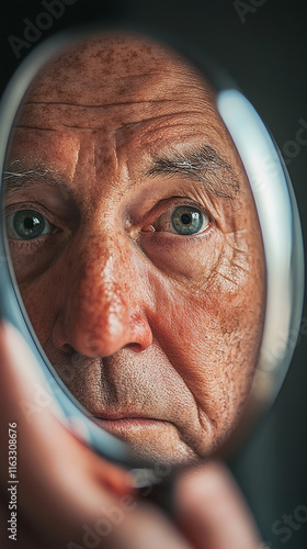 Elderly man looking closely at his skin in a compact mirror