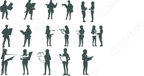 Collection of silhouettes of female architects reading blueprints of building designs. wearing safety hats. suitable for posters, banners and building construction events.