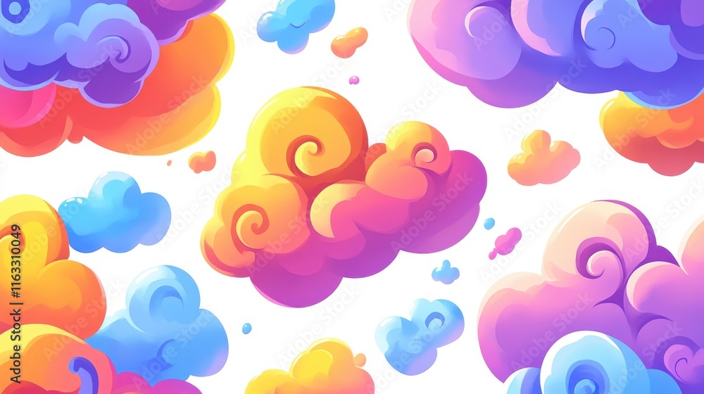 Rainbow Cloudscape: A whimsical, vibrant pattern of colorful clouds floats across the scene, evoking a sense of lightheartedness and fantasy. Perfect for kids' projects, digital art. Rainbow Cloudscape: A whimsical, vibrant pattern of colorful clouds floats across the scene, evoking a sense of lightheartedness and fantasy. Perfect for kids' projects, digital art.