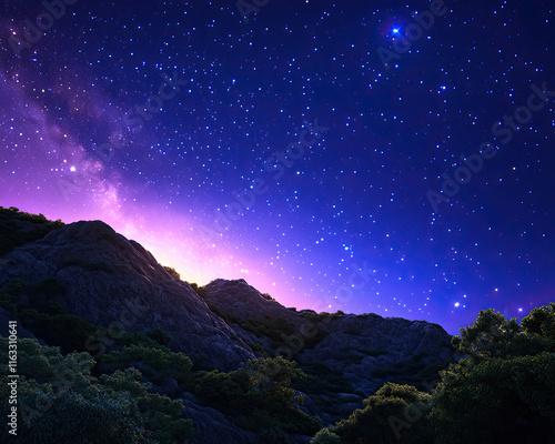 Stargazing at dusk mountain range night sky serene environment elevated viewpoint cosmic wonder photo