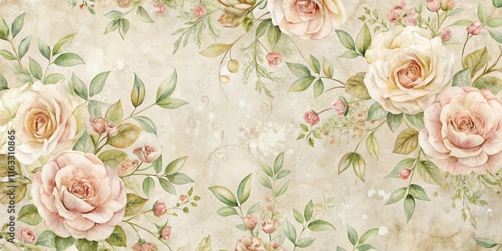 Fototapeta Elegant Pastel Roses and Greenery on Antique Background