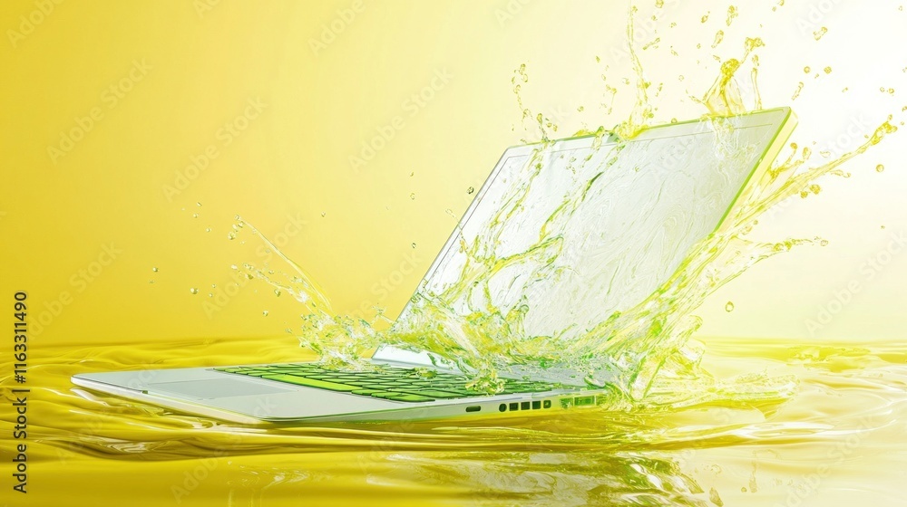 Stylish laptop with green accents and a sleek white design, floating amidst ripples and splashes; the yellow background adds vibrancy. Stylish laptop with green accents and a sleek white design, floating amidst ripples and splashes; the yellow background adds vibrancy.