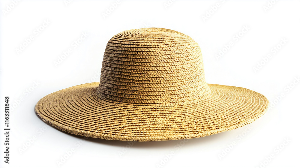 Wide-brimmed straw hat isolated on white background perfect for summer outings Wide-brimmed straw hat isolated on white background perfect for summer outings