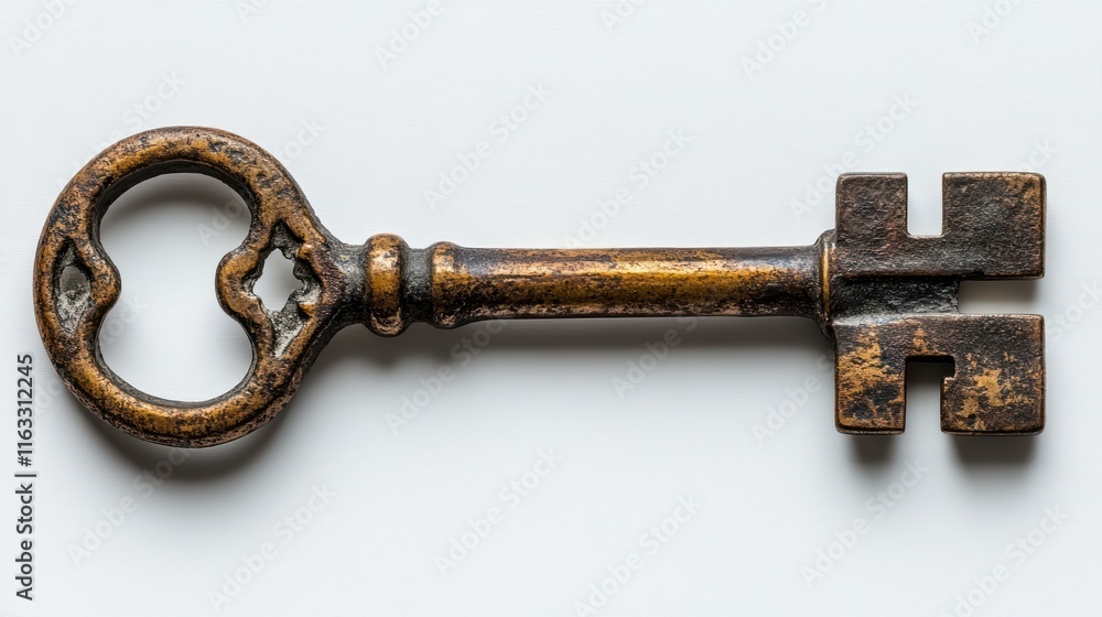 An antique key with an ornate design, likely for decorative or functional purposes. An antique key with an ornate design, likely for decorative or functional purposes.