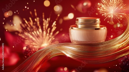 The cream jar rests on a shimmering gold belt that stretches dynamically, with fireworks bursting against a red backdrop, creating a dream-like luxury ambiance. photo