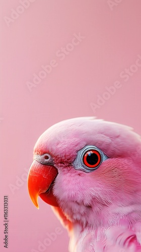 Close-Up Portrait of a Vibrant Pink Parrot with Orange Beak Against Soft Pastel Background – Exotic and Captivating Bird Art