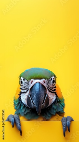 Close-Up of a Colorful Macaw Parrot Peeking Over Yellow Background – Vibrant Tropical Bird Photography