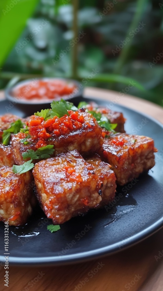 Spicy Tempeh Cubes Garnished With Cilantro And Chili Sauce Spicy Tempeh Cubes Garnished With Cilantro And Chili Sauce