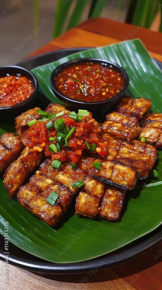 Grilled Tempeh with Spicy Chili Sauce and Green Onions Grilled Tempeh with Spicy Chili Sauce and Green Onions