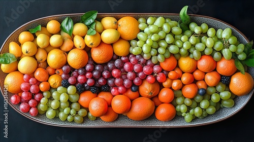 A colorful arrangement of fresh fruits graces a ceramic plate  