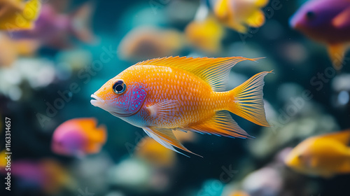 Dramatic close-up of a school of tropical fish