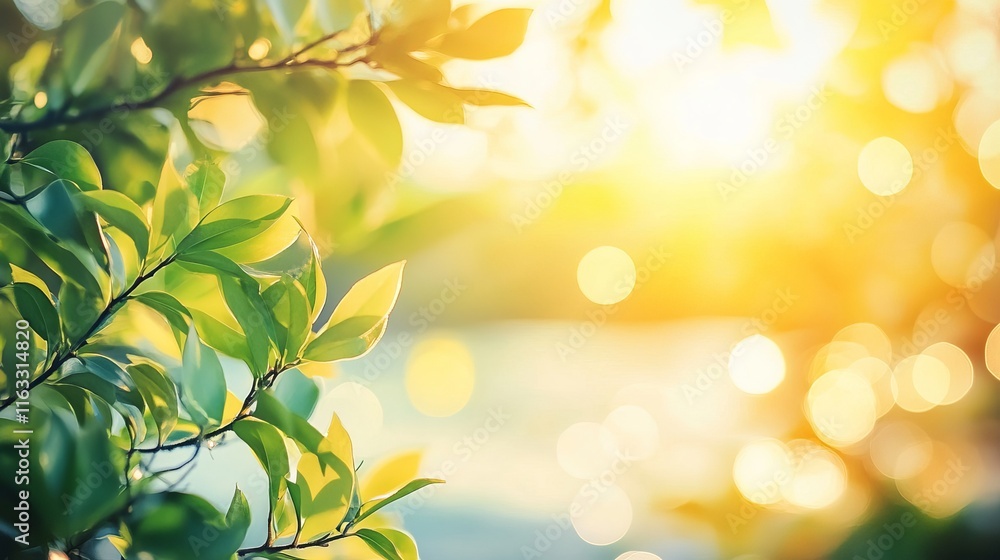 Fototapeta premium Sunny abstract green nature background with bokeh light in spring garden