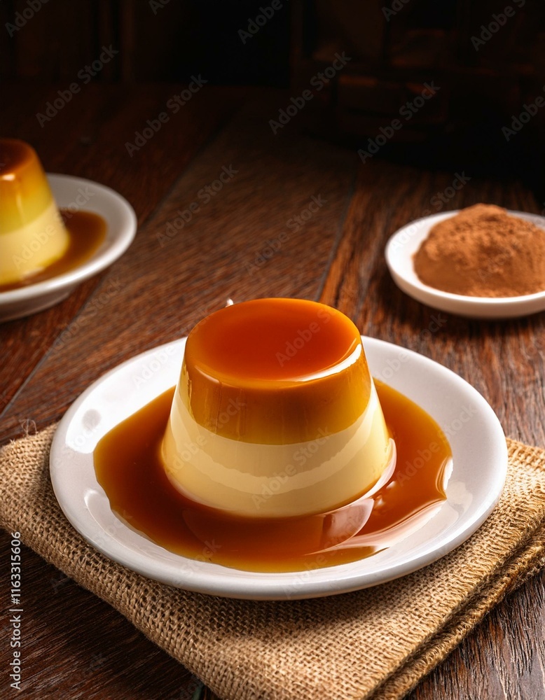 Brazilian gastronomy. Milk pudding with caramelized syrup on wooden table. Generated image Brazilian gastronomy. Milk pudding with caramelized syrup on wooden table. Generated image