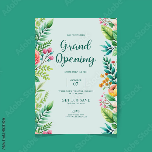 Grand opening party invitation card in floral design with elegant flowers. flower bouquet and indoor bamboo palm leaves on green