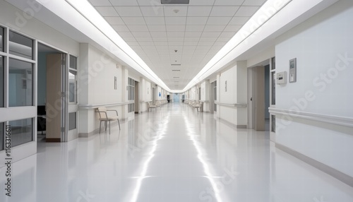 Front View of an Empty Hospital Corridor with Bright White Walls and Floors, Featuring Chairs Along the Sides, Ideal for Medical and Healthcare Concepts