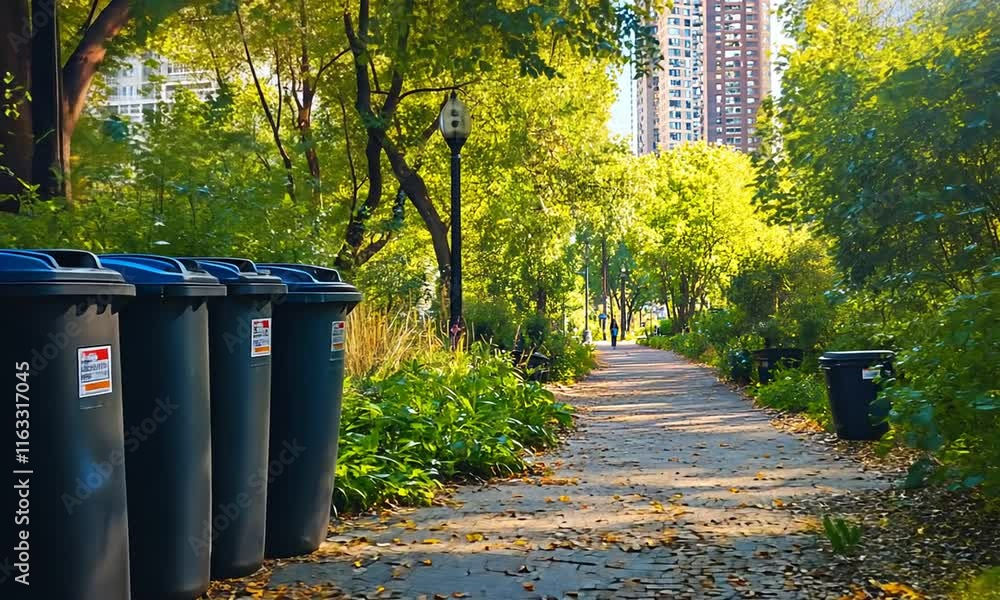 A serene park pathway lined with trash bins amidst lush greenery and urban buildings. A serene park pathway lined with trash bins amidst lush greenery and urban buildings.