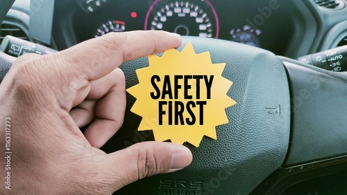 Εκτύπωση καμβά car steering wheel and paper with the word SAFETY FIRST