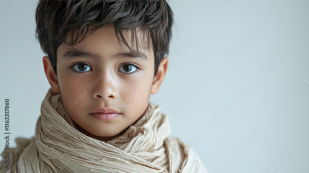 Serene Portrait of a Young Boy with Natural Expression and Soft Textured Wrap Against Neutral Background Serene Portrait of a Young Boy with Natural Expression and Soft Textured Wrap Against Neutral Background