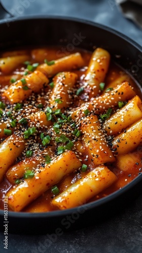 Spicy Korean Tteokbokki in a Black Bowl photo