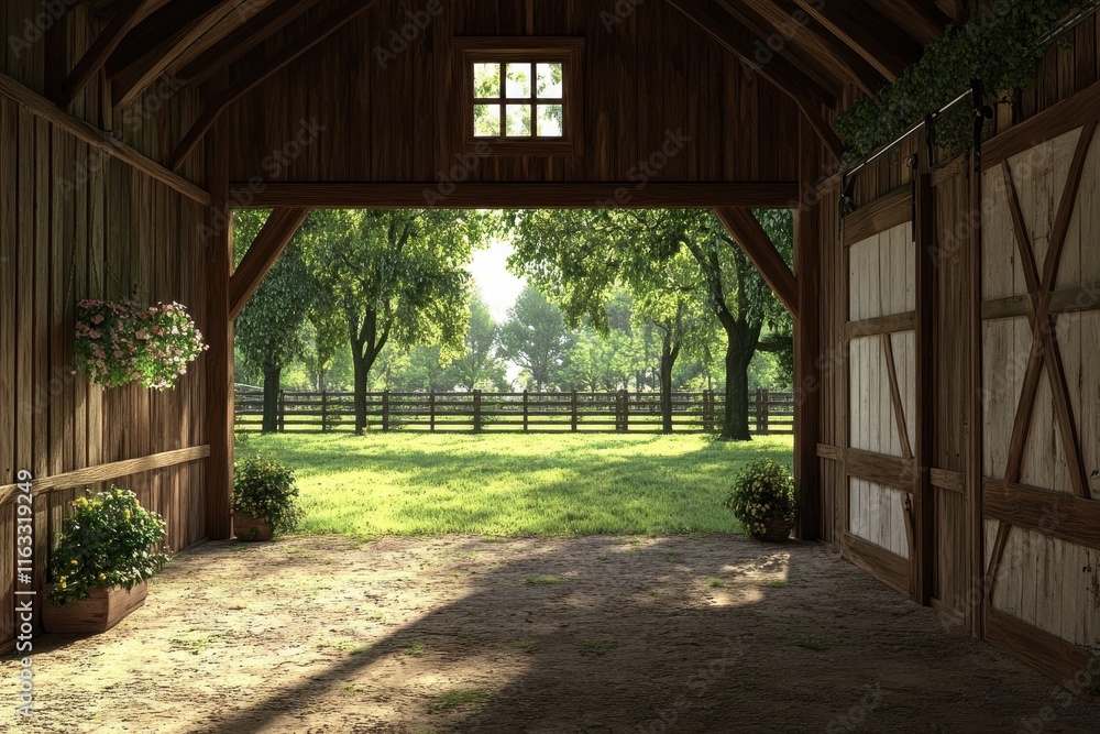 Rustic barn interior with open doors, showing a sunlit green pasture. Perfect for websites, blogs, or projects needing a peaceful, rural aesthetic. Rustic barn interior with open doors, showing a sunlit green pasture. Perfect for websites, blogs, or projects needing a peaceful, rural aesthetic.
