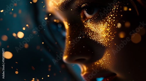 Golden Glitter Makeup Close-up: A Woman's Face Adorned with Sparkling Gold Dust photo