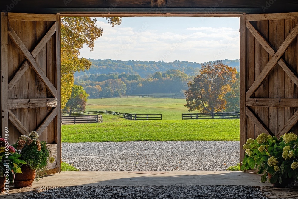 Fototapeta premium Open barn doors reveal scenic autumn farmland. Perfect for showcasing rural tranquility, idyllic landscapes, or farm-related themes.