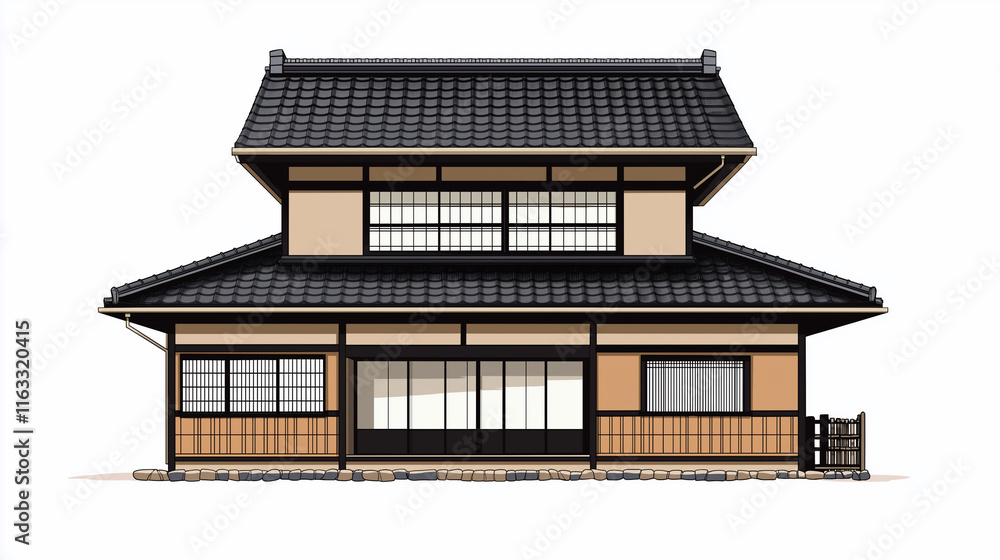 Flat Isolated Black and White Flat Illustration of a Traditional Japanese Minka House on Pure White Background Flat Isolated Black and White Flat Illustration of a Traditional Japanese Minka House on Pure White Background