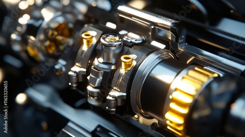 Close-Up View of a Detailed Engine Component with Shiny Metal Surfaces and Intricate Mechanical Structures Highlighting Modern Engineering Design and Technology photo