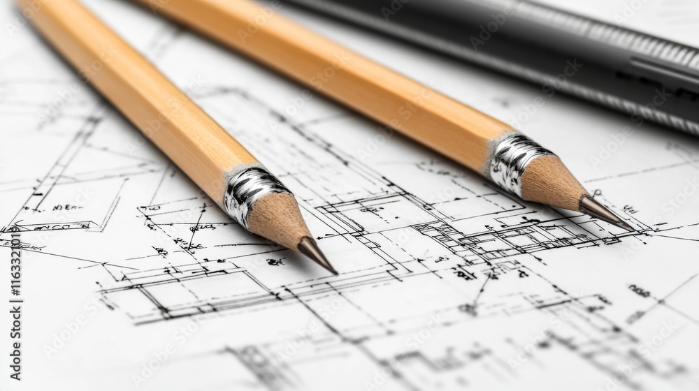 Close-up View of Drafting Tools on Technical Blueprint with Wooden Pencils, Ruler, and Ink Pen for Architecture and Design Projects Close-up View of Drafting Tools on Technical Blueprint with Wooden Pencils, Ruler, and Ink Pen for Architecture and Design Projects