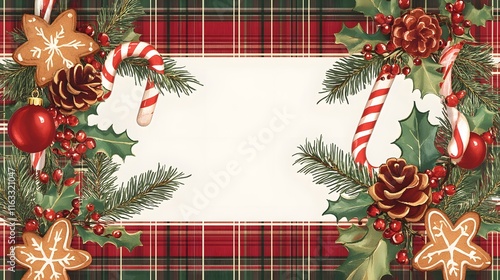 Festive Christmas Border Featuring Plaid Gingerbread Candy And Holly