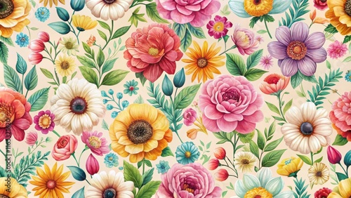 Vibrant floral pattern featuring a profusion of colorful blooms and lush green foliage, ideal for textile design and decorative applications