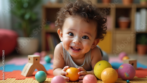 “A Child with Progeria Smiling and Playing with Toys” – A young child with Progeria engaging in joyful play with colorful toys, radiating happiness and hope, symbolizing resilience and inclusion.
