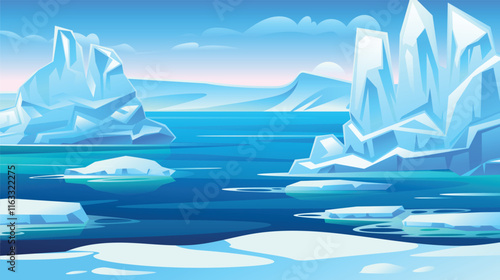 Beautiful Arctic seascape with large icebergs floating in clear blue water under a sunny sky. Vector cartoon illustration