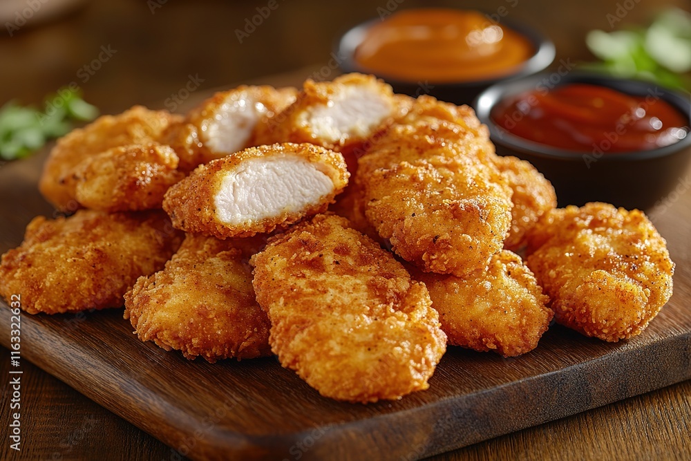 Breaded chicken strips or nuggets with two kinds of sauces and fried potatoes on a wooden Board. Fast food on dark brown background. with copy space Breaded chicken strips or nuggets with two kinds of sauces and fried potatoes on a wooden Board. Fast food on dark brown background. with copy space