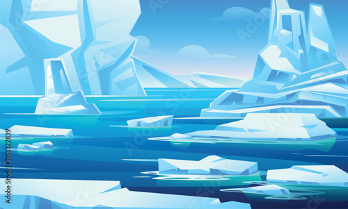 Arctic seascape featuring towering icebergs and floating ice chunks in clear blue water. Vector cartoon illustration