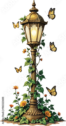 Vector image of a very beautifully carved garden lamp covered with quite dense vines.