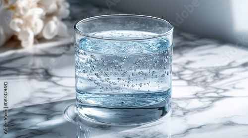 Wallpaper Mural A clear glass of sparkling water on a marble surface, reflecting light and bubbles. Torontodigital.ca