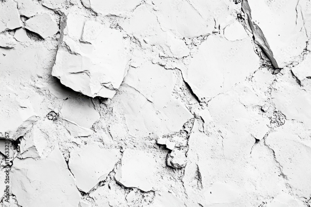 Fototapeta premium Cracked white clay texture background; ideal for design projects needing a distressed, raw feel. Perfect for adding texture to websites, posters, and other visual media.