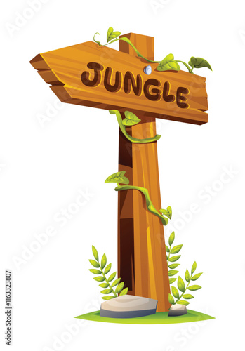 Rustic wooden jungle sign covered with vines, surrounded by lush greenery. Vector cartoon illustration