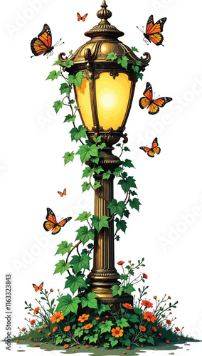 Vector image of a very beautifully carved garden lamp covered with quite dense vines.
