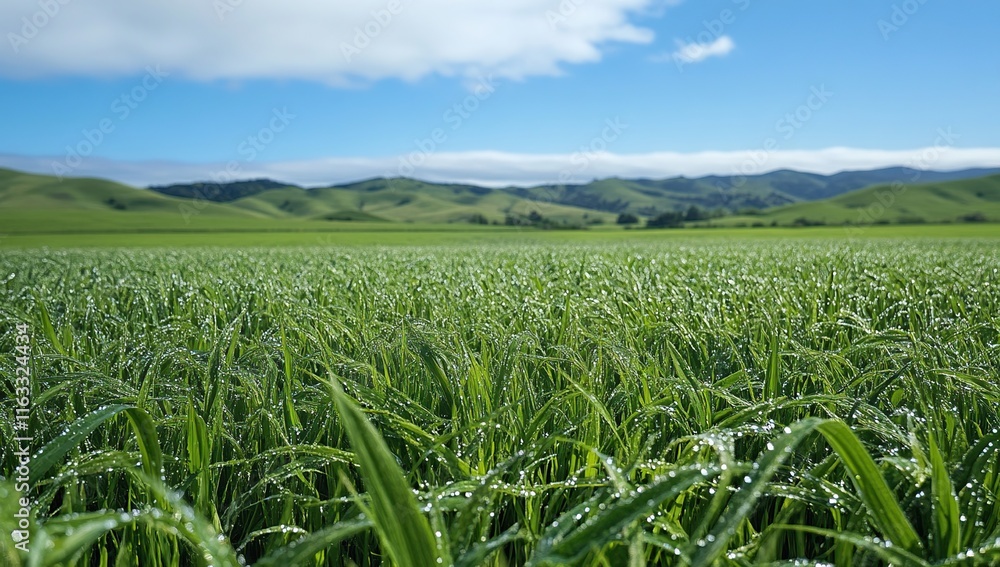 Serene Morning in the Grasslands: Dew-kissed Field and Rolling Hills Serene Morning in the Grasslands: Dew-kissed Field and Rolling Hills
