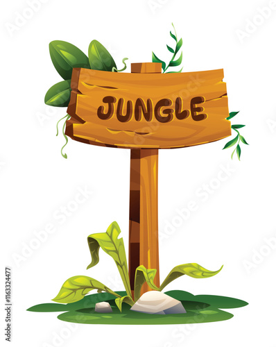 Rustic jungle sign with tropical leaves and natural wooden structure. Vector cartoon illustration