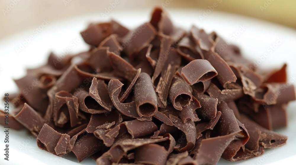 A Close-Up View of Silky Chocolate Shavings Piled on a White Plate, Perfect for Decoration and Culinary Use in Desserts, Cakes, and Pastries A Close-Up View of Silky Chocolate Shavings Piled on a White Plate, Perfect for Decoration and Culinary Use in Desserts, Cakes, and Pastries