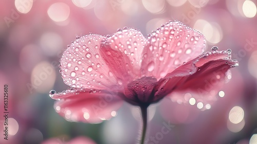Fototapeta Naklejka Na Ścianę i Meble -  Glowing pink flower with water droplets and soft bokeh backlit scene