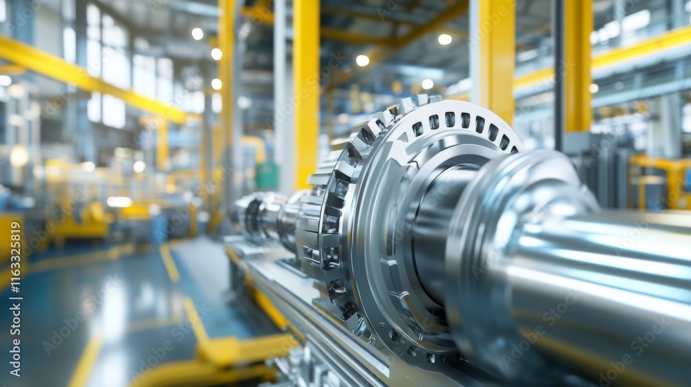 Detailed View of Precision Mechanical Gear Component in a Modern Industrial Manufacturing Facility with Bright Yellow Accents and Background Elements Detailed View of Precision Mechanical Gear Component in a Modern Industrial Manufacturing Facility with Bright Yellow Accents and Background Elements