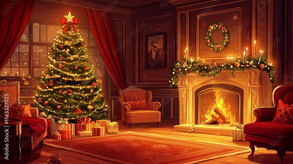 Cozy living room interior with a decorated christmas tree, fireplace, and festive holiday decorations
Cozy living room interior with a decorated christmas tree, fireplace, and festive holiday decorations